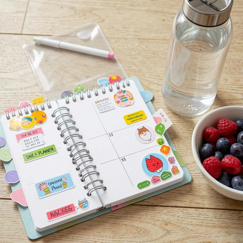 Organised daily planner with healthy snacks and water